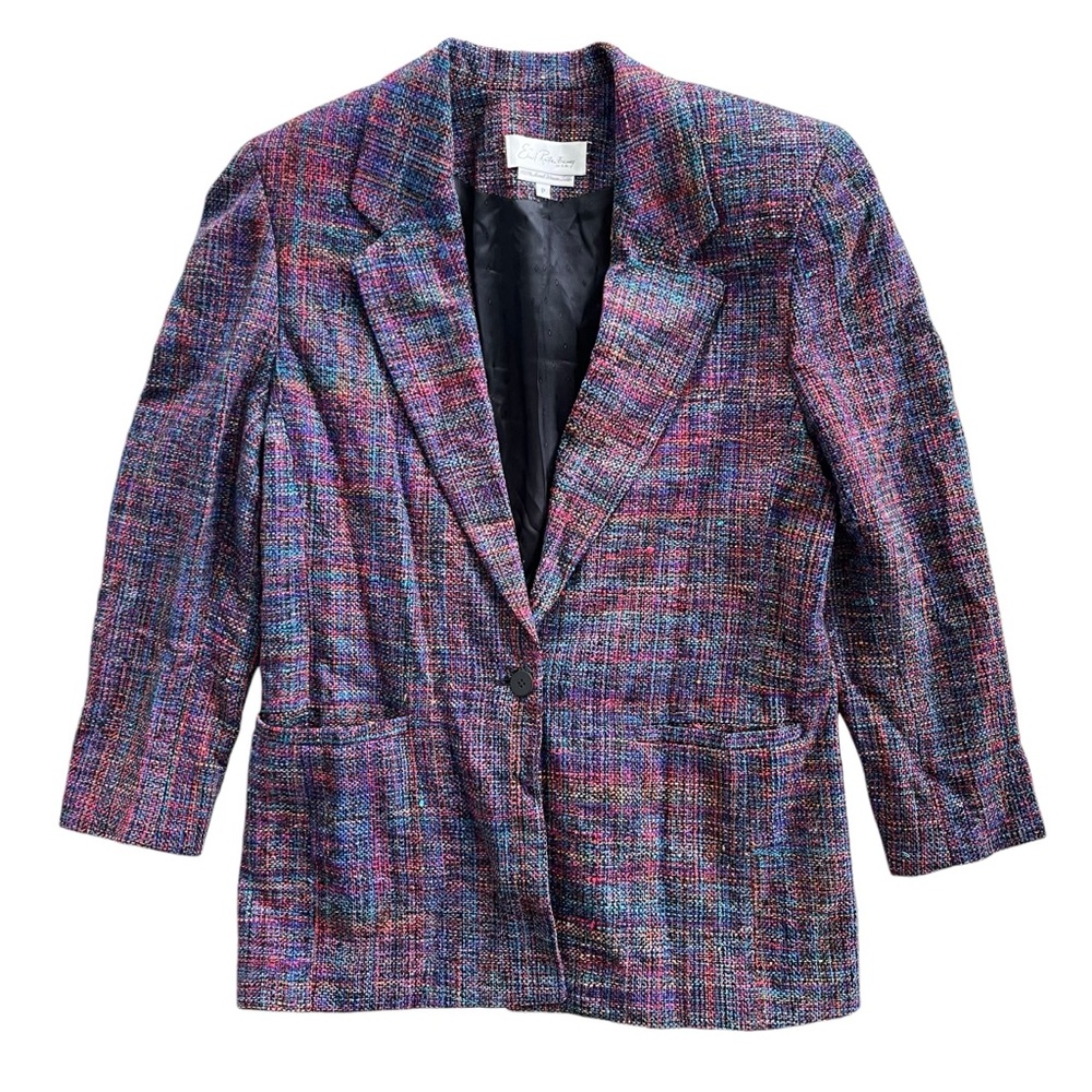Emil Rutenberg Women XS Blue Purple Red Tweed 100% Hand Woven Silk Blazer Jacket